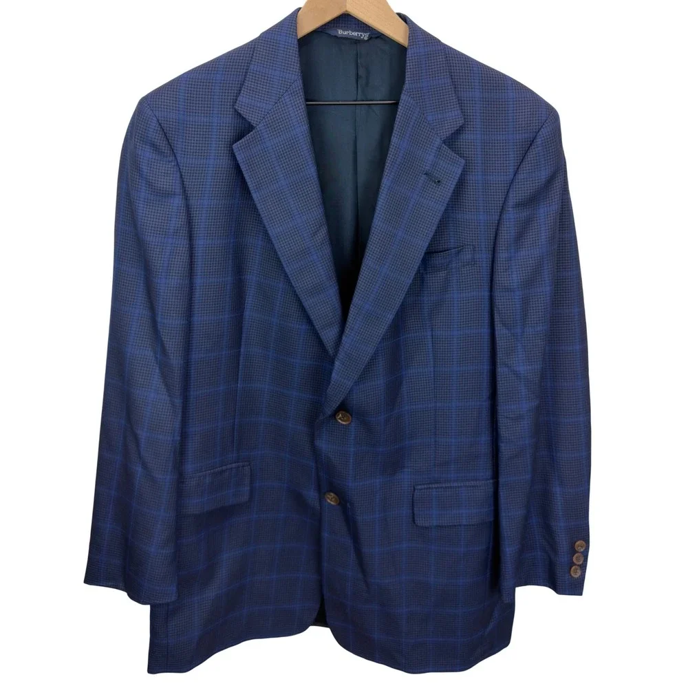 VTG Burberrys Mens Size *42R Blue Plaid Houndstooth Two Button Blazer Sport Coat